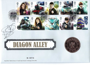 Harry Potter Diagon Alley First Day Cover Stamp Set signed by Warwick Davis