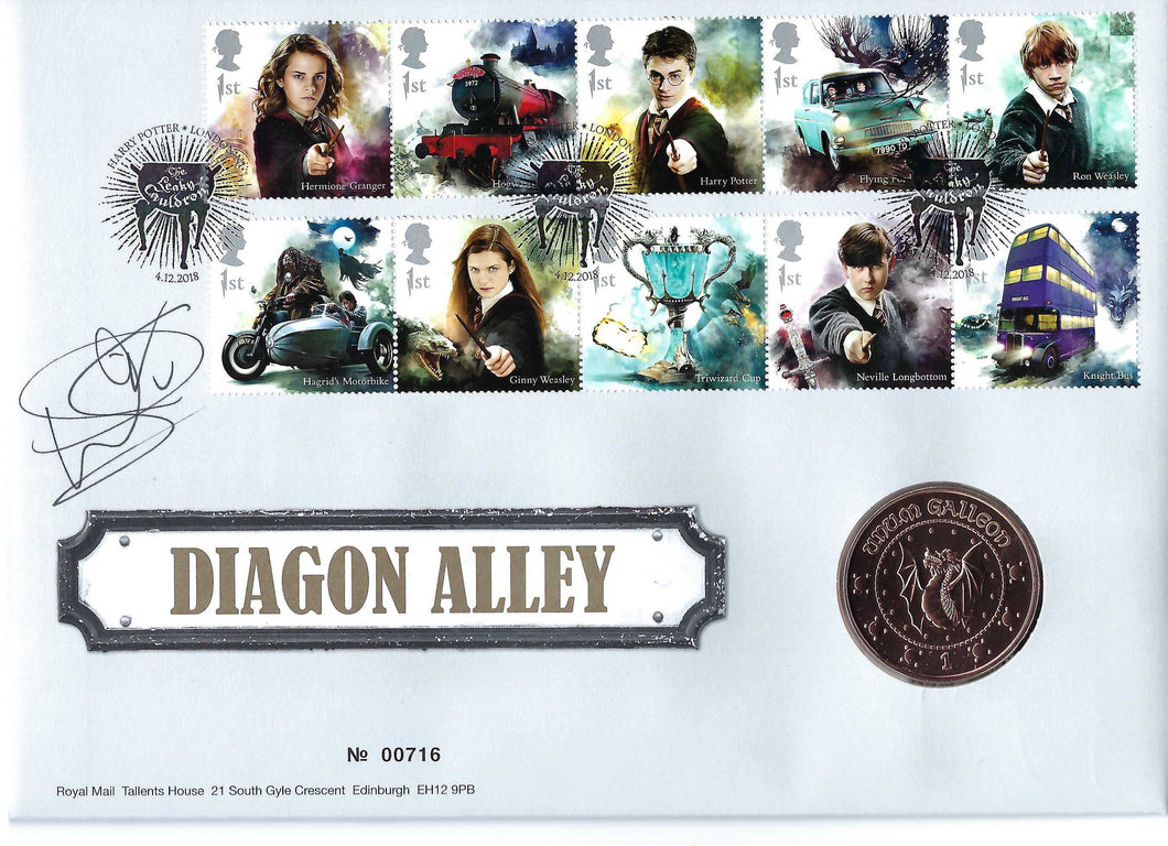 Harry Potter Diagon Alley First Day Cover Stamp Set signed by Warwick Davis